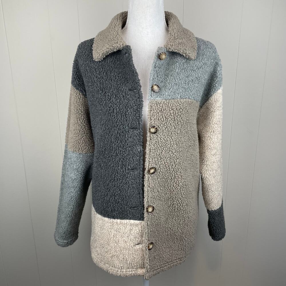 Baxter and Wells Gray Tan Colorblock Button Up Sherpa Jacket